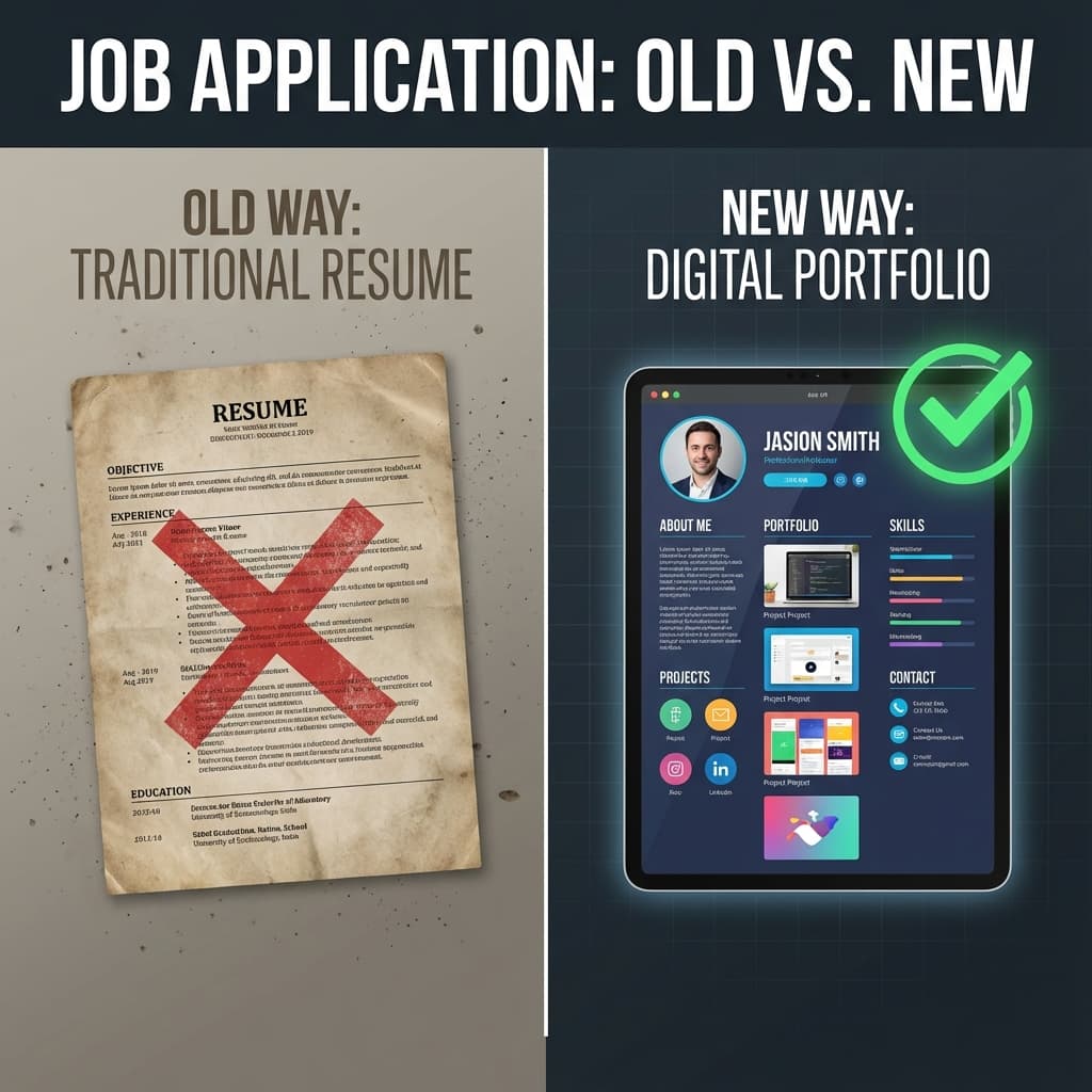 Comparison highlighting the transition from a traditional ATS resume to a modern, professional digital portfolio